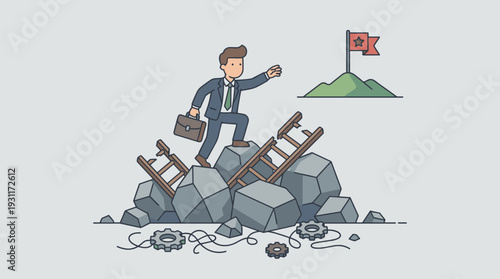 Businessman Climbing Over Pile of Rocks and Broken Ladders to Reach a Goal Flag on a Mountain Peak, Concept of Overcoming Obstacles, Career Growth, Resilience, and Persistence in Business