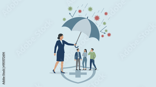 Businesswoman Holding Large Umbrella to Protect Her Team from Falling Coronavirus Pathogens, Symbolizing Strong Leadership, Employee Health Safety, Prevention, and Corporate Insurance Coverage.