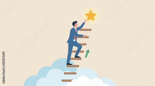 Professional businessman climbing a ladder of success through clouds to reach a glowing star, symbolizing career growth, ambition, goal achievement, progress, and aspiration in business.
