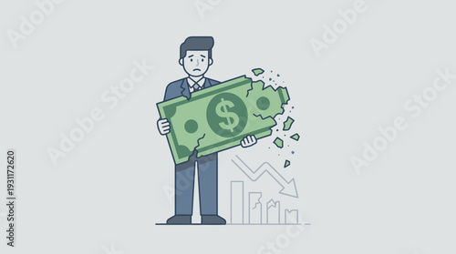 Businessman Holding a Large Broken Dollar Bill Symbolizing Economic Crisis, Financial Loss, Recession, and Inflation Impact on Business. Downward Trend Arrow and Bar Chart Background.
