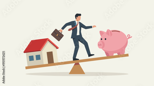 Businessman in a suit balancing on a seesaw between a house and a piggy bank, representing financial planning, mortgage management, real estate investment, and saving money for home ownership.
