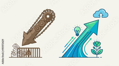 Business Transformation and Change Management Concept Illustration Comparing Old Inefficient Bureaucracy with Modern Innovative Technology, Growth, Cloud Computing, and Creative Problem Solving