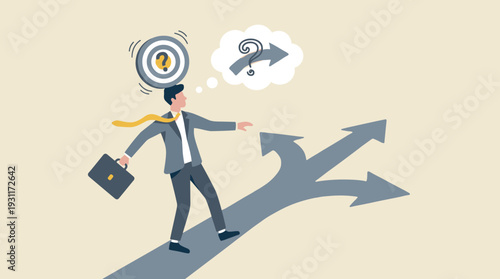 Businessman Standing at a Crossroads with Multiple Arrows, Concept of Uncertain Business Goals, Career Path Hesitation, Ambiguous Decision Making, Strategic Planning, and Professional Confusion