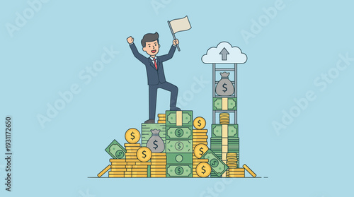 Successful Businessman Holding Flag on Top of Money Pile, Reaching Financial Independence via Money Ladder to Cloud, Concept of Wealth, Investment Growth, Prosperity, and Business Achievement.