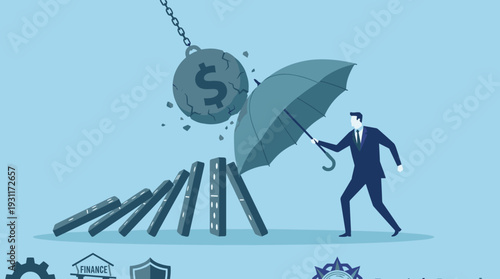 Businessman using an umbrella to block a dollar wrecking ball and stop falling dominoes, illustrating financial crisis management, risk protection, intervention, and economic chain reaction.