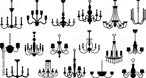 Chandelier silhouettes collection, vintage ceiling light fixtures with candles and lampshades, classic interior lighting black vector set
