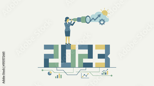 Businesswoman standing on 2023 looking through telescope for future outlook vision and forecast. Success strategy, market prediction, financial growth planning, and data analysis vector art.