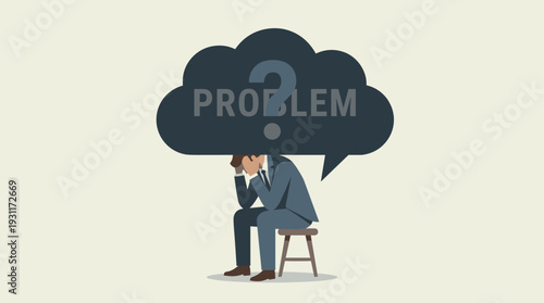 Stressed Businessman Sitting on Stool with a Heavy Dark Cloud of Problems and Question Mark Over His Head, Concept of Mental Health, Burnout, Corporate Pressure, and Overwhelming Work Stress