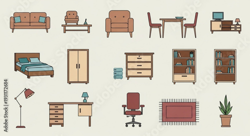 Collection of various furniture items for home and office use.