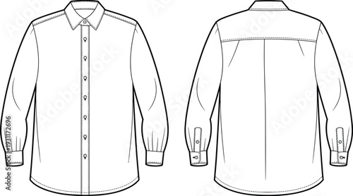 Classic long sleeve button up shirt CAD drawing, front and back view technical fashion flat vector illustration template