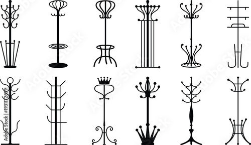 Coat rack silhouettes collection, vintage and modern hall stand, hat and umbrella holder furniture black vector illustration set