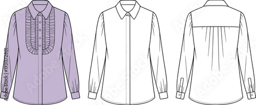 Elegant women ruffle front long sleeve shirt CAD drawing, front and back view technical flat vector illustration template