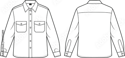 Men long sleeve button down shirt CAD drawing, front and back view technical fashion flat vector illustration template