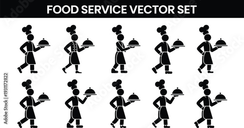 Food service vector set, chef silhouettes carrying cloche tray, restaurant catering staff walking in uniform black illustration collection