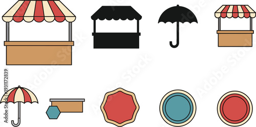 Market Stall Vector Illustration Set with Striped Red and White Canopy Outdoor Street Food Stand Black Silhouette and Umbrella Icons for Fair Design