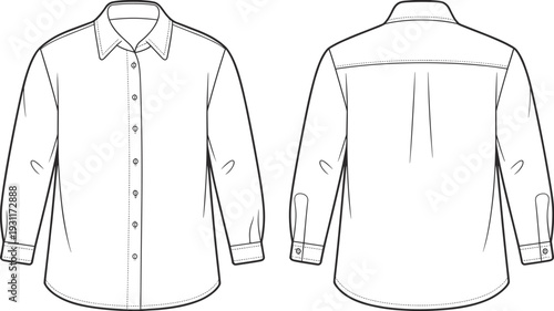 Men long sleeve button down shirt CAD drawing, front and back view technical flat vector illustration template