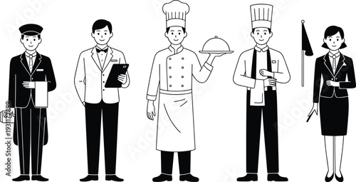 Hotel and restaurant staff characters set with waiter chef receptionist manager hospitality service team vector illustration