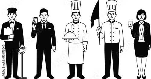 Hotel staff and restaurant workers icon set with waiter chef receptionist manager uniformed service team vector illustration