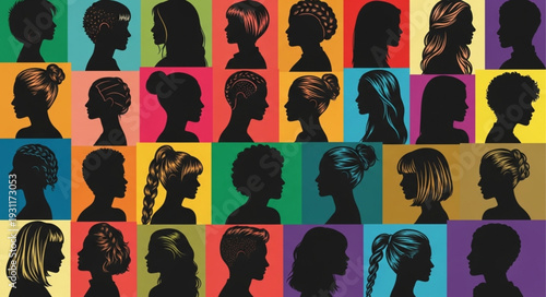 Diverse group of childrens silhouettes in profile view.