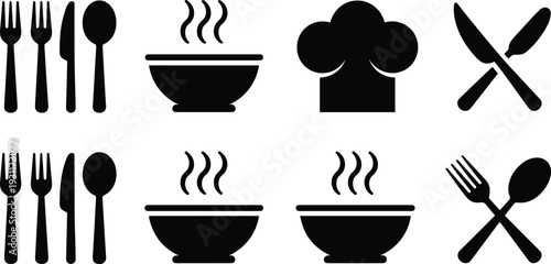 Kitchen and restaurant icons set with cutlery steaming bowl chef hat and crossed utensils silhouette vector illustration