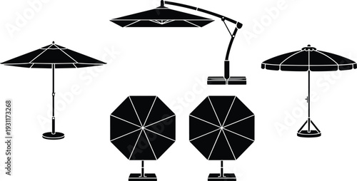 Outdoor patio and beach umbrella icon set with parasol sunshade garden canopy silhouette vector illustration