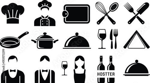 Restaurant and kitchen icon set, chef, cooking utensils, cloche, wine glass and catering service black vector collection