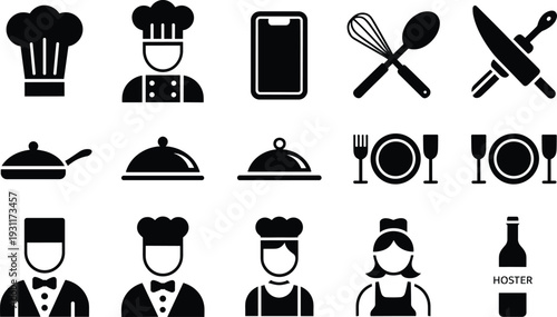 Restaurant kitchen icon set, chef, cooking utensils, cloche tray, tableware and catering service black silhouette vector collection