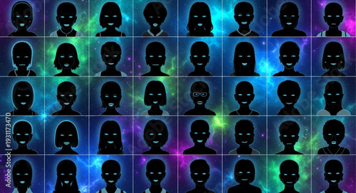 Diverse group of silhouetted faces with colorful abstract backgrounds.