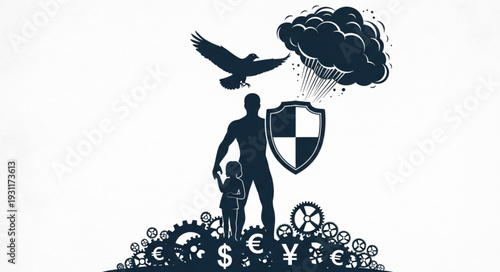 Man with shield and eagle under storm representing protection and security.