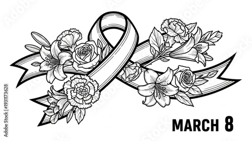 March 8 International Womens Day ribbon with flowers illustration.