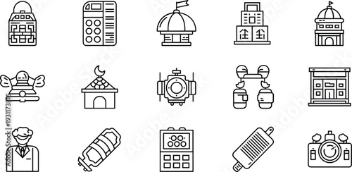 Scientific and Architectural Outline Icons Set with Laboratory Equipment Building Models Calculator Space Satellite and Camera Line Art Symbols
