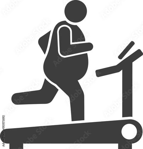 Obese figure pictogram runs on a treadmill symbolizing weight loss challenges and fitness struggles.