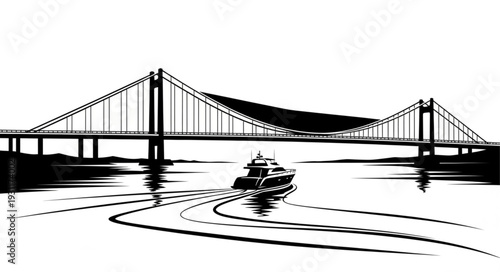 Modern suspension bridge spanning a wide river with a boat sailing below.