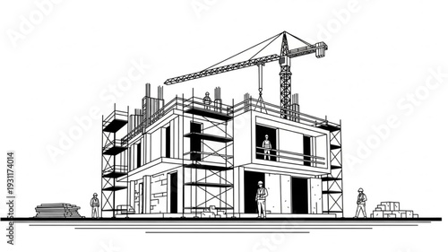 Modern house construction site with crane and scaffolding.