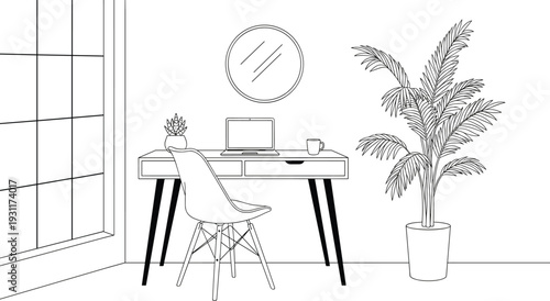 Black and white line art illustration of a modern home office workspace featuring a desk with laptop, chair, large palm plant, and mirror.