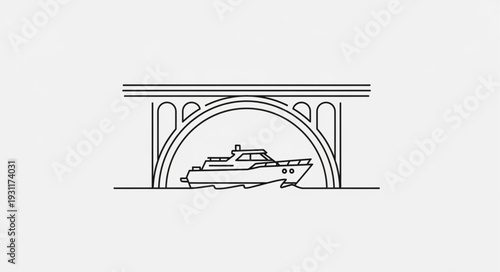 Modern Yacht Sailing Under a Stylized Bridge.