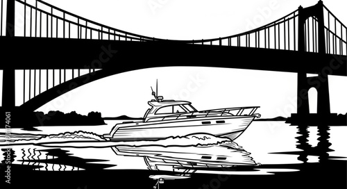 Motorboat sailing under a large bridge silhouette.