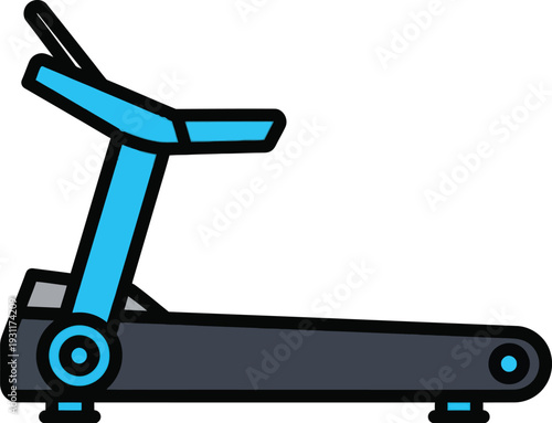 A blue and gray exercise treadmill machine is depicted in a flat, colorful outline style illustration.