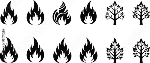 Black and white fire flame and deciduous tree silhouette icon collection set isolated on white background for nature camping bonfire environment and forestry design