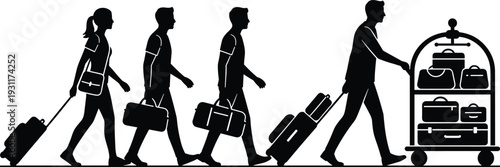 Black silhouette vector of travelers walking with suitcases and bags alongside a hotel bellhop pushing a luggage trolley for travel tourism and hospitality services