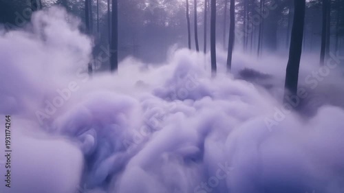 Mysterious Purple Smoke Billows Through a Dark Enchanted Forest at Twilight.