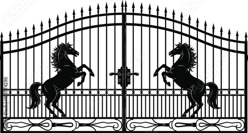 Black and white silhouette of a grand iron estate gate with two rearing stallions facing each other for equestrian branding.