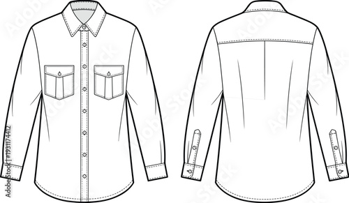 Women long sleeve double pocket shirt CAD drawing, front and back view technical fashion flat vector illustration template