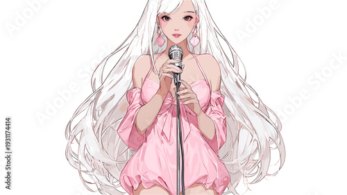 マイクを持つ白髪の少女　ピンクドレスのアイドル風イラスト