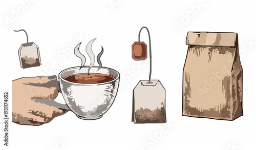 Vintage hand drawn tea accessories vector sketch illustration