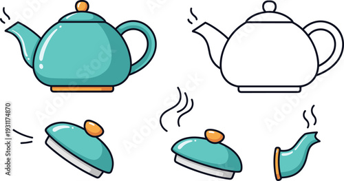 Teapot Vector Illustration Set with Ceramic Tea Kettle Icons Detachable Lid and Spout Details Featuring Steam Clouds for Cafe and Kitchenware Design