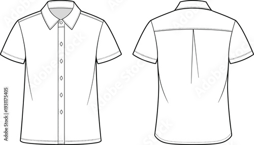 Women short sleeve button down shirt CAD drawing, front and back view technical fashion flat vector illustration template