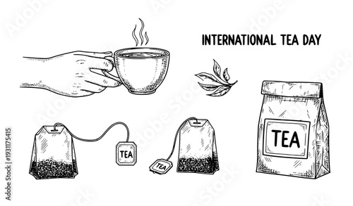 International Tea Day hand drawn tea vector illustration