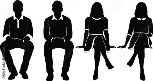 Black silhouettes of men and women sitting in a row, business casual attire, professional people set for corporate