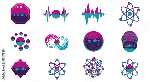Abstract digital quantum computing technology icon set